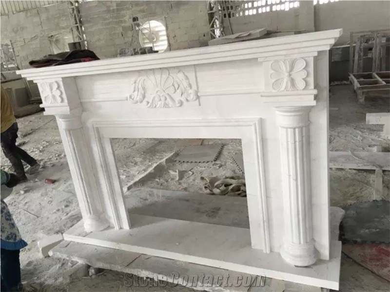 Pure White Cast Marble Stone Fireplace Mantel