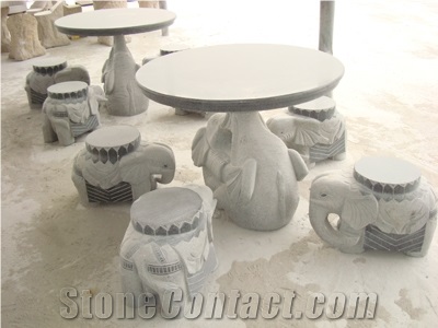 G654 Granite Table & Bench, China Grey Granite Table Sets with Sculpture