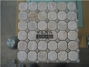 Beige Mosaic Tiles, Hexagon Tumbled Brick Strip Brick Mosaics,Split Face Mosaic Pattern for Wall Floor,Interior Exterior Decoration Nature Slit Stone Pebble Chipped Linear Strips