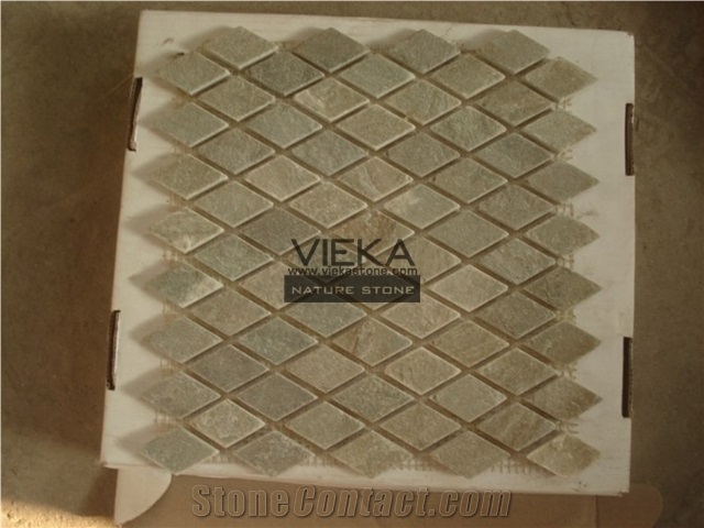 Grey Green Slate Mosaic Tiles, Diamond Tumbled Brick Linear Strip Brick Mosaics,Split Face Mosaic Pattern for Wall Floor,Interior Exterior Decoration