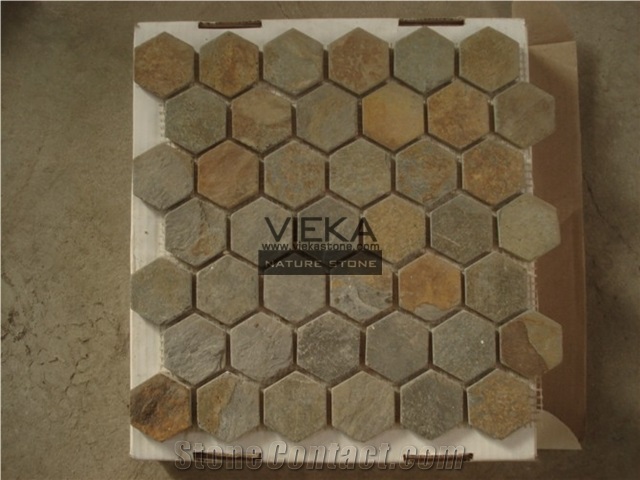 Rusty Multicolor Mosaic Tiles, Tumbled Brick Hexagon Strip Brick Mosaics,Split Face Mosaic Pattern for Wall Floor,Interior Exterior Decoration Nature Slit Stone