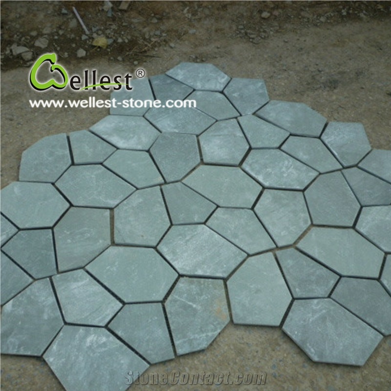 China Natural Slate Flagstone Walkway Pavers, S007 Slate Meshed Tiles with Grey Color