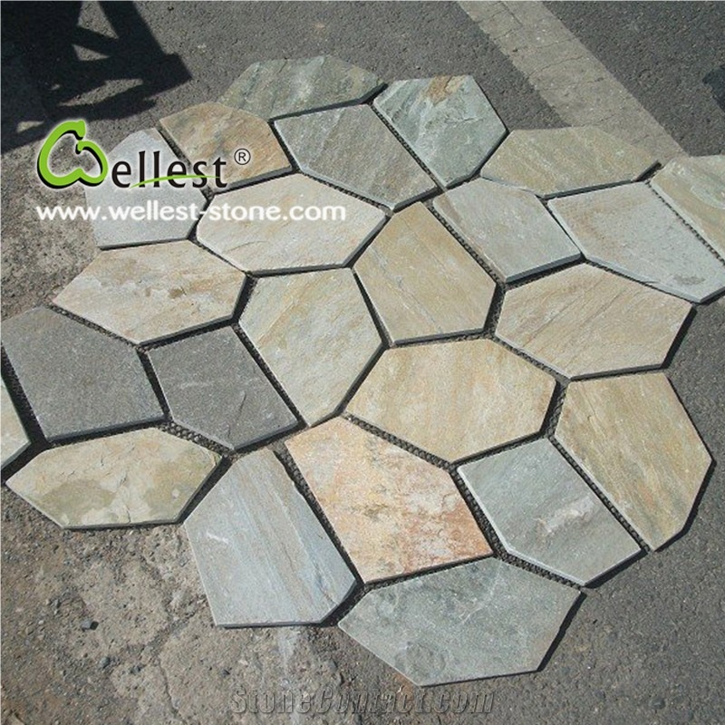 Natural Slate Paving Stone for Flooring, S014 Yellow Wood Slate Meshed Tile for Exterior, Slate Irregular Flagstones