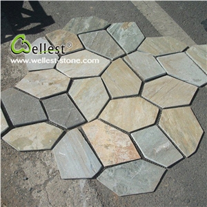 Natural Slate Paving Stone for Flooring, S014 Yellow Wood Slate Meshed Tile for Exterior, Slate Irregular Flagstones