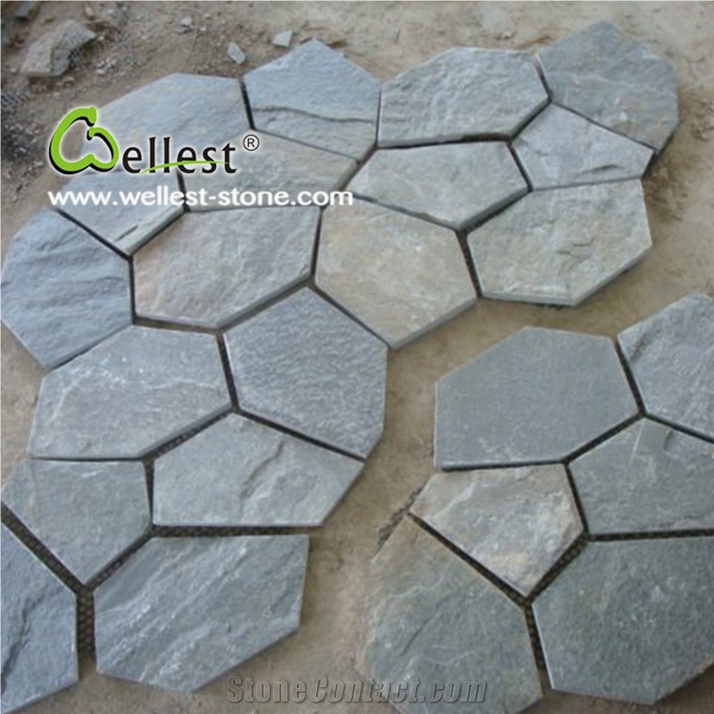 S007 Grey Color Slate Meshed Paving Stone, Popular Meshed Tiles for Outdoor, Grey Slate Flagstone Road Paving