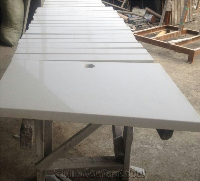 Pure White Quartz Countertops, Kitchen Countertops Of Crystallized Glass Stone, Kitchen Countertops