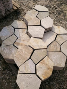 Crazy Paver Stone, Yellow Slate Pavers Radom Shape, Yellow Wooden Vein Pavers, Random Flag Stone, Yellow Slate Wall Cladding, Yellow Slate Floor Decoration, Xiamen Winggreen Stone
