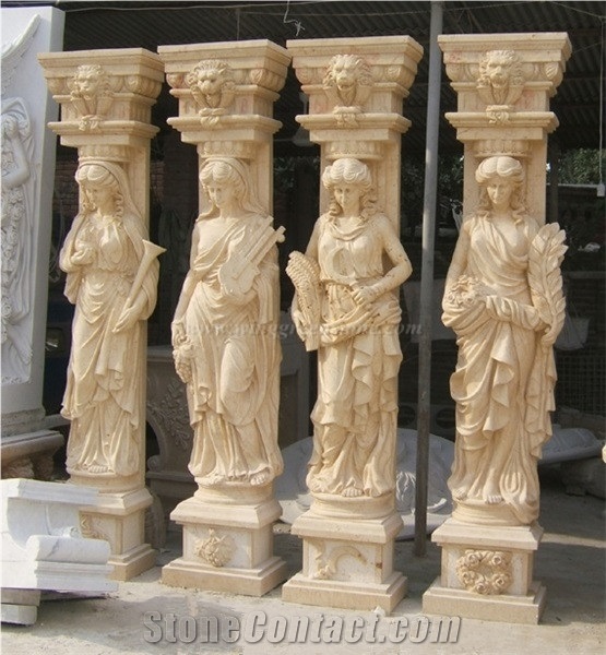 Marble Sculptured Columns, Hand Carved Beige Marble Column Tops, Beige Marble Architectural Columns, Xiamen Winggreen Manufacturer