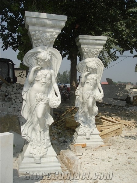 Marble Sculptured Columns, Hand Carved Beige Marble Column Tops, Beige Marble Architectural Columns, Xiamen Winggreen Manufacturer