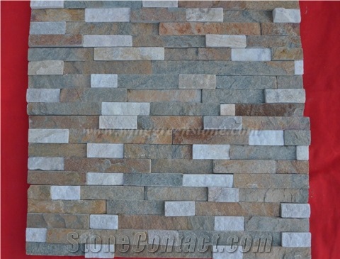 White with Rust Yellow Quartzite Stacked Stone Panel, White with Red Quartzite Stacked Stone Panel, Quartzite Culture Stone, Stacked Stone for Wall Decoration, Wall Cladding, Xiamen Winggreen Stone
