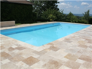 Travertine Nuance Opus Romano Pattern Swimming Pool Terrace, Beige Travertine Pool Coping