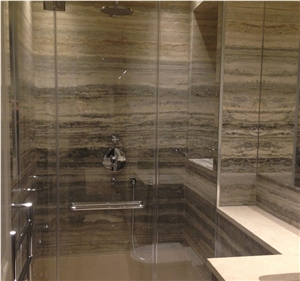 Roman Silver Travertine Bathroom Shower Design