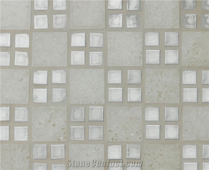 Tozzeto Stainless Steel and Natural Stone Mix Mosaic, Beige Stone Mosaic
