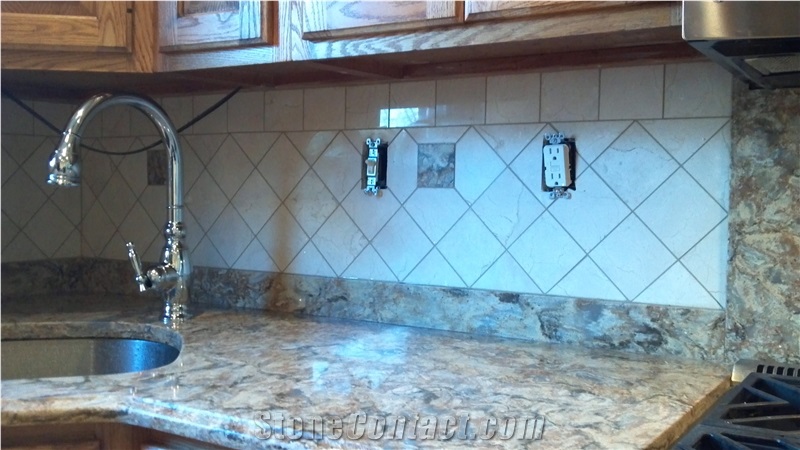 Granite Kitchen Countertops, Tumbled Travertine Backsplash Tiles