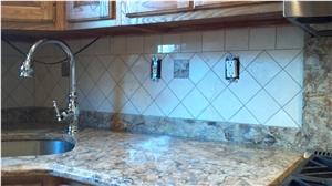 Granite Kitchen Countertops, Tumbled Travertine Backsplash Tiles