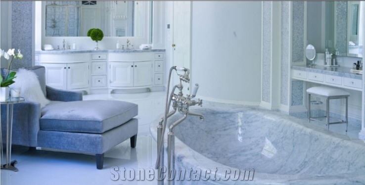 Bianco Carrara C Custom Bathroom Design, White Marble Bathroom Flooring, Decorating