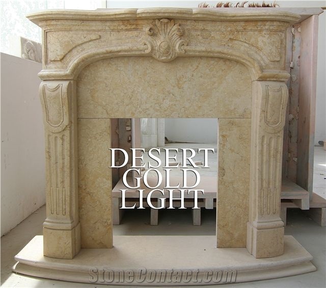 Beige Marble Fireplace, Golden Light Marble Sculpture Fireplace, Pure Handmade