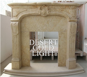 Beige Marble Fireplace, Golden Light Marble Sculpture Fireplace, Pure Handmade