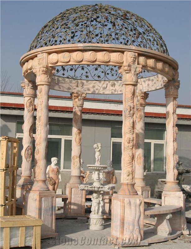 China Beige Marble Stone Gazebo & Pavilions,Column Gazebo,Garden Gazebo with Iron Top,Western Style Gazebo,Marble Carved Gazebo,Sculptured Garden Gazebo, Landscaping Stones