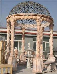 China Beige Marble Stone Gazebo & Pavilions,Column Gazebo,Garden Gazebo with Iron Top,Western Style Gazebo,Marble Carved Gazebo,Sculptured Garden Gazebo, Landscaping Stones