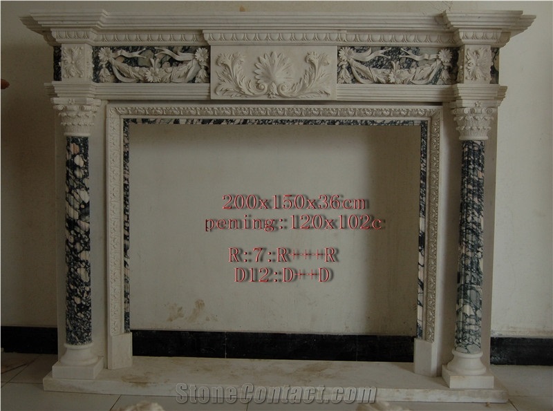 China Pure Handmade Marble Fireplace Surround, White & Green Marble Fireplace, Handcarved Sculpture Fireplace