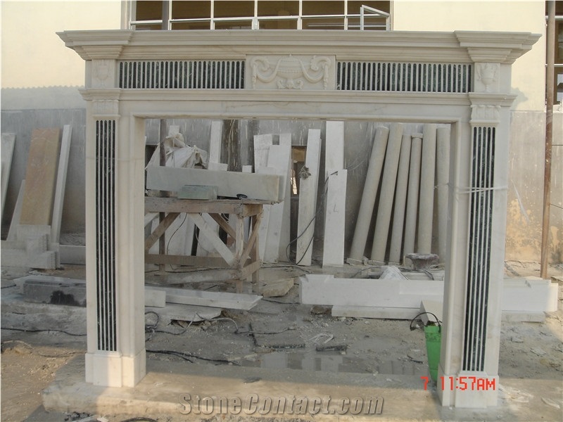 China White & Green Marble Fireplace,Handcarved Stone Fireplace,Flower Sclupture Fireplace