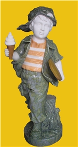 Ice Cream Boy Statue, School Boy Statue, Boy Marble Sculpture, Human Marble Statue, Mixed Colour Sculpture(Green/Orange/White)
