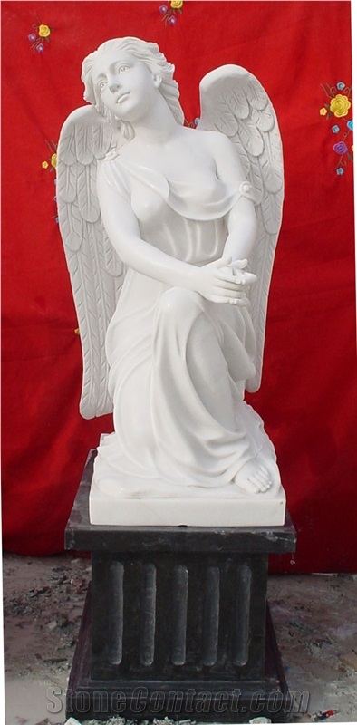 Western Angel Sculpture, China White Jade Marble Handcarved Craft, Marble Statue