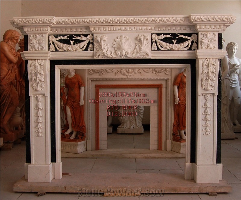 White & Black Marble Fireplace, Handcarved Sculpture Fireplace, Hot Sale