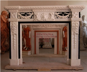 White & Black Marble Fireplace, Handcarved Sculpture Fireplace, Hot Sale