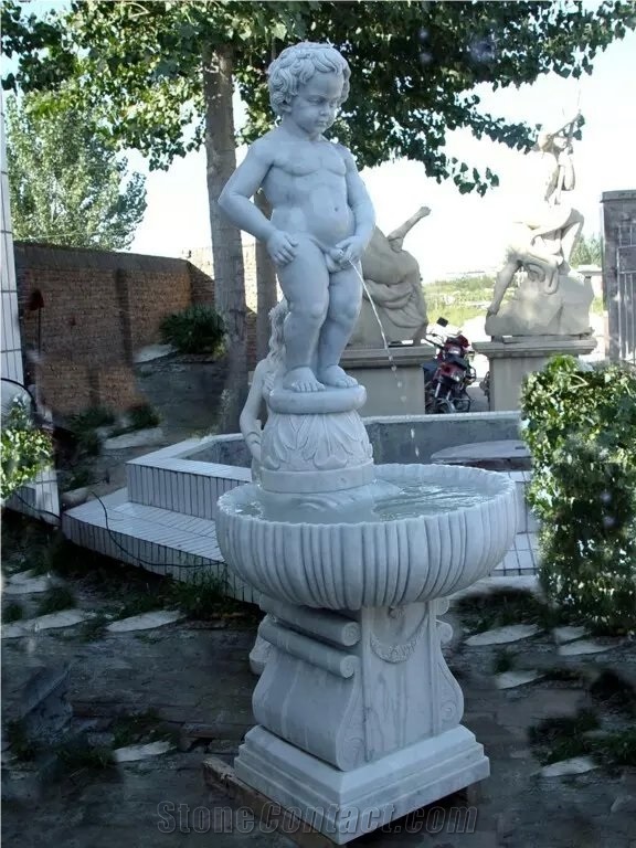 Hand Carving Garden Stone Fountain, Garden Piss Boy Sculpture Fountain