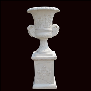 Hand Carving Marble Stone Flower Pot, White Marble Exterior Flower Pots