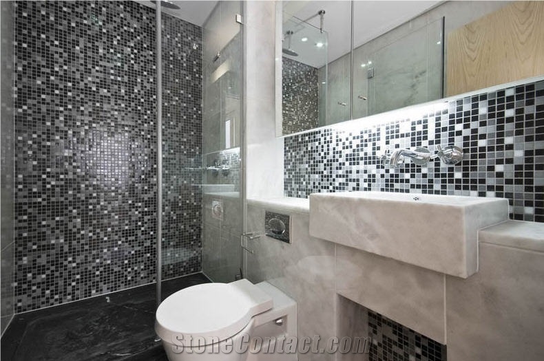 White Marble And Glass Mosaic Bathroom Design Blanco Durango Marble Bath Design From Panama Stonecontact Com