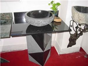 Natural Stone Bathroom Wash Sinks, Kitchen Vessel Round Basins,G684 Black Basalt Oval Sink,Polished Surface Wash Bowls Basins with Stone Base