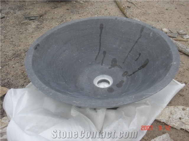 Natural Stone Bathroom Wash Sinks, Kitchen Vessel Round Basins, Outdoor & Interior Sink, Black Basalt Polished Surface Wash Bowls Basins