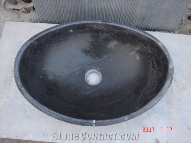 Natural Stone Bathroom Wash Sinks, Outdoor Vessel Round Basins, Black Basalt Oval Sink, Honed Surface Wash Bowls Basins