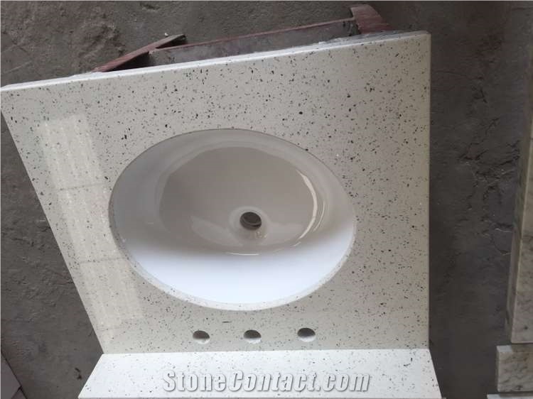 China White Quartz Stone Vanity Tops,White Artificial Stone Bath Tops, Quartz Stone Bathroom Top, Quartz Stone Custom Countertops, Polished Surface Bath Tops with Sink Basin