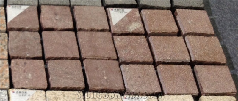 Ocean Red Granite Cobble Stone, Cube Stone Surface Flamed/Bush Hammered, China Red Granite Paving Stone for Patio,Driveway