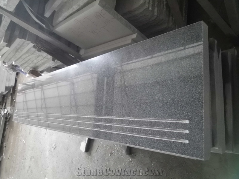 Polished China G654 Dark Grey Granite Stairs Steps Beveled Edge with Anti-Slip