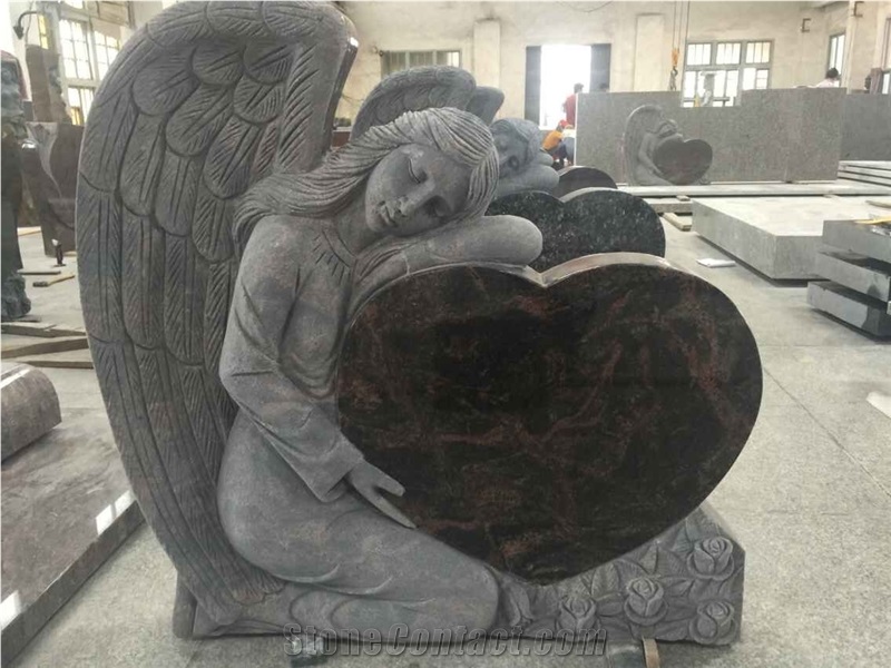 China Factory Direct Absolute Shanxi Black, Aurora Granite Angel with Heart Shape Monuments, Double Angel with Doubel Heart Hand Carved Headstone