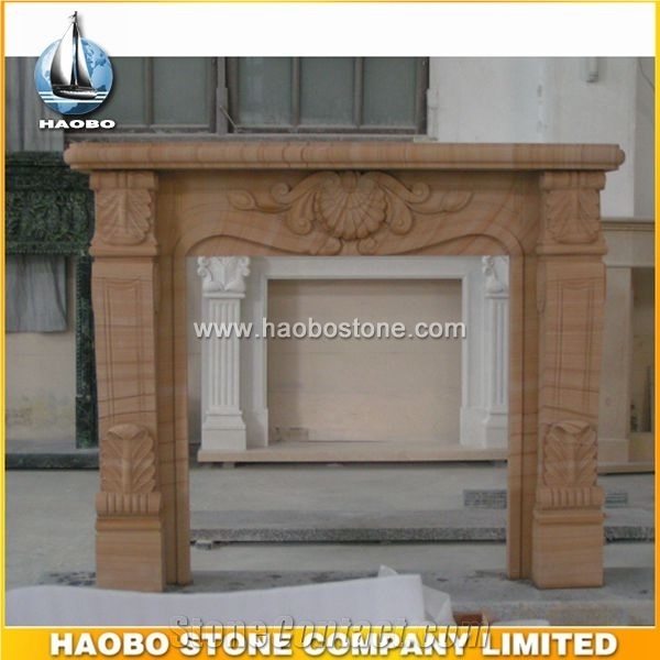 Natural Stone Wooden Sandstone Fireplaces, Yellow Sandstone Fireplace
