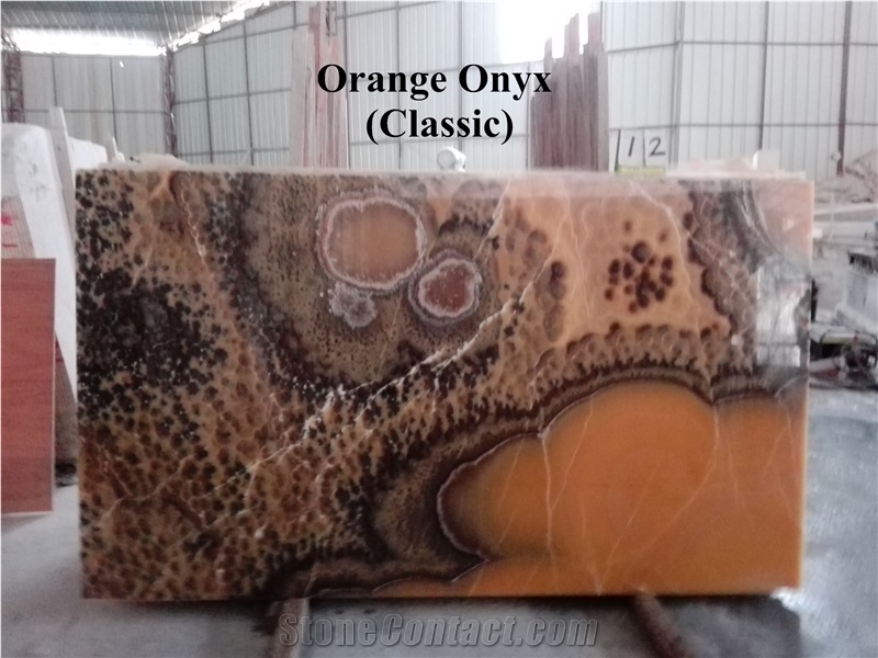 New Prouction Orange Onyx with More Black Spots Slab Polished for Interior Decoration