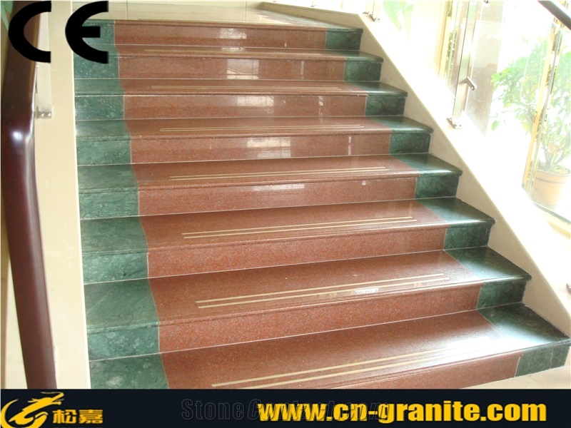 China Natural Stone Steps for Sale, Granite Red with Green Stairs