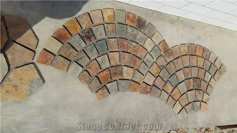 Brown Slate Meshed Cobble Stone,Fanshaped Rusty Meshed Cobble Stone,Slate Cube Stone Pavers