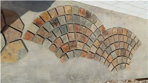 Brown Slate Meshed Cobble Stone,Fanshaped Rusty Meshed Cobble Stone,Slate Cube Stone Pavers