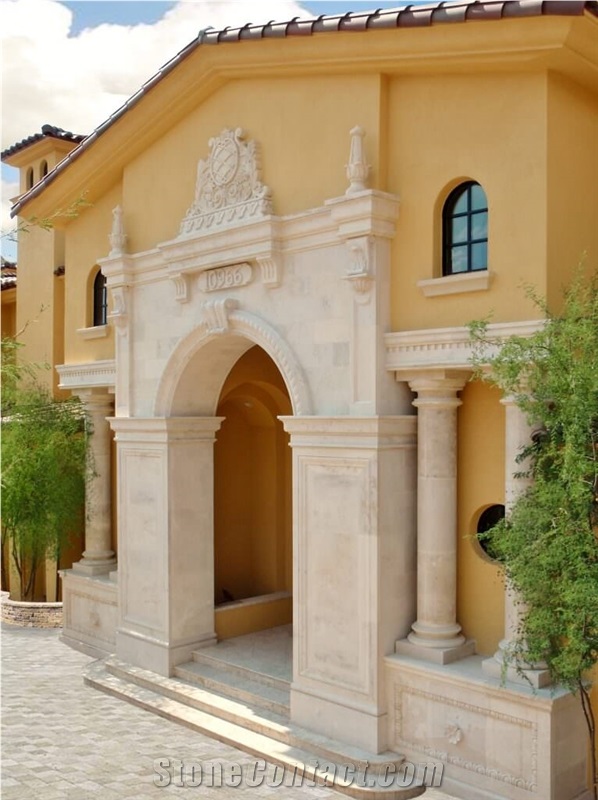 Classic European Arched Entryway Door Surround with Doric Columns and Crest in Riviera Beige Limestone, Beige Limestone Building Stone