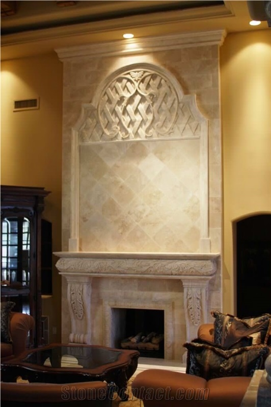 Living Room Fireplace Surround with Over-Mantel in Cream Travertine, Baja Cream Travertine Fireplace, Beige Travertine Fireplace