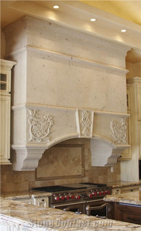Range Hood Surround in Pinon Blanco Cantera Stone with Floral Relief Carving, White Cantera Kitchen Hood