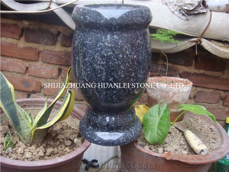 Black Granite Round Vase, Cemetery Accessories Polished Turned Vases