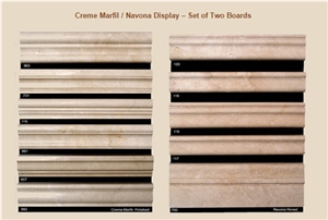 Creme Marfil and Travertino Navona Moldings Display – Set Of Two Boards, Beige Marble Molding & Borders